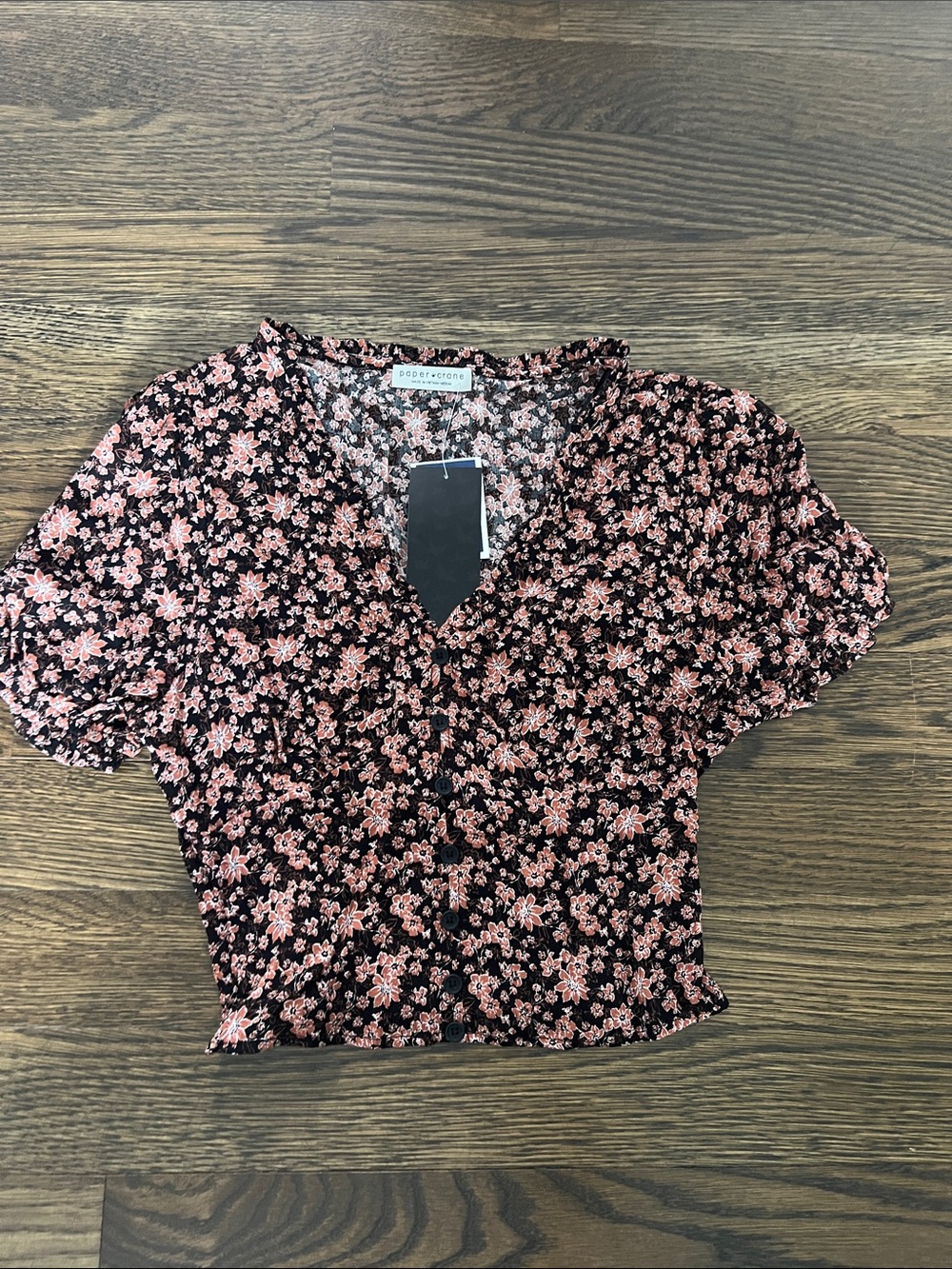 Paper Crane Black Crop Top with Pink Floral Print